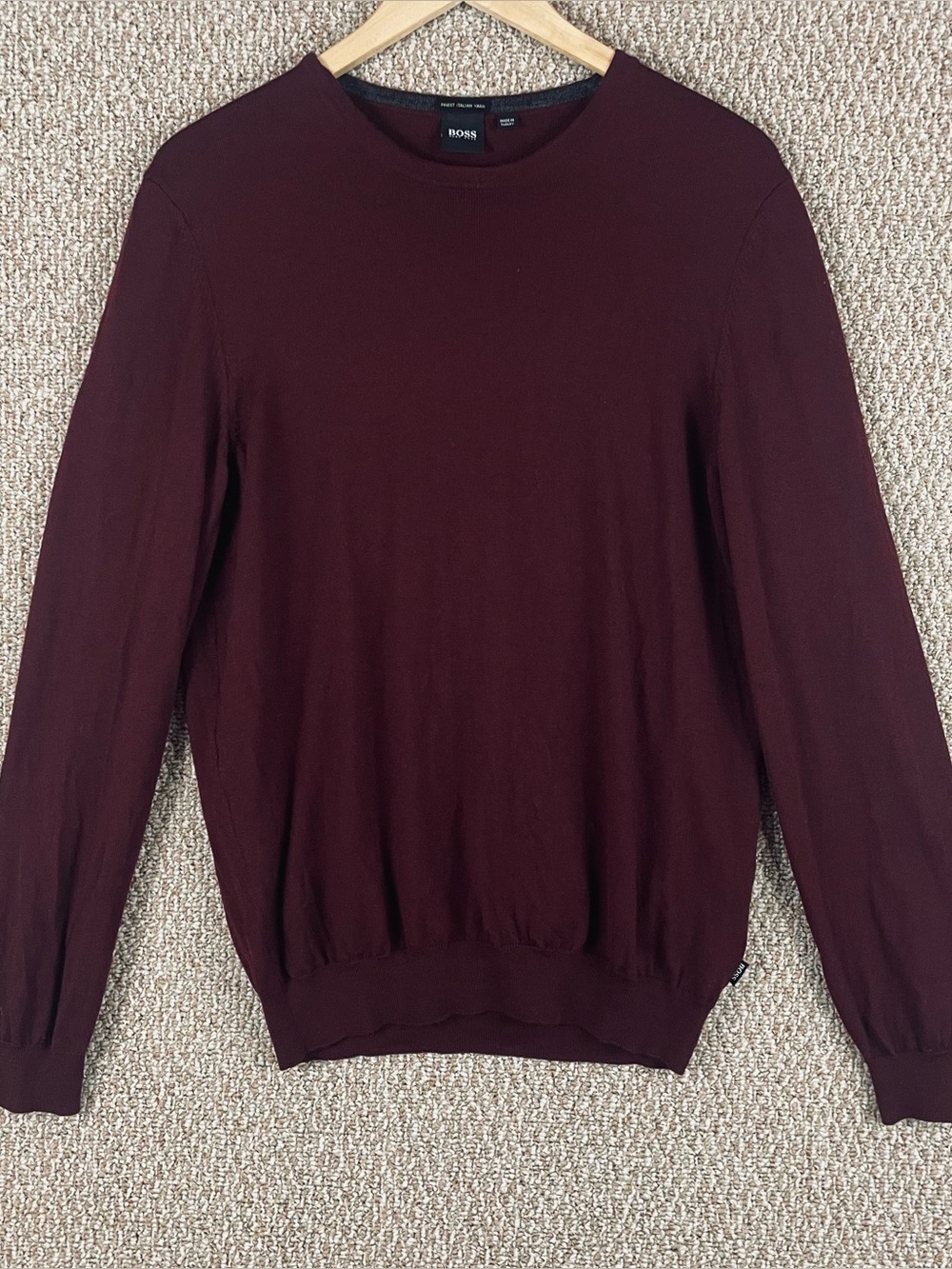 Hugo Boss Sweater Mens Large Virgin Wool Crewneck Raglan Sleeve Maroon T722